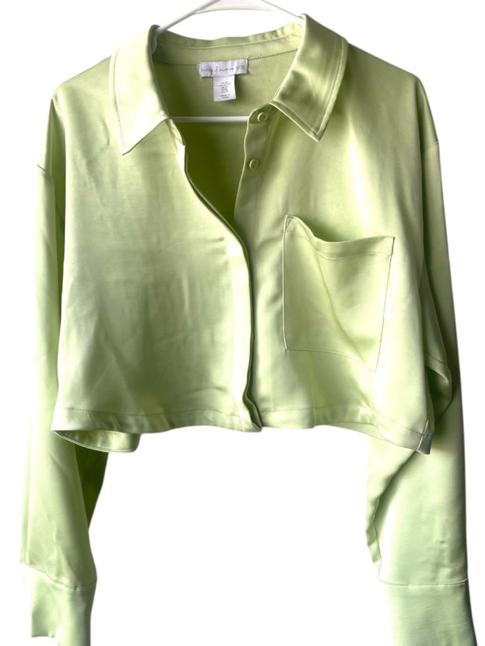 House of Harlow 1960 Light Lime Cropped Satin Button-Up Blouse